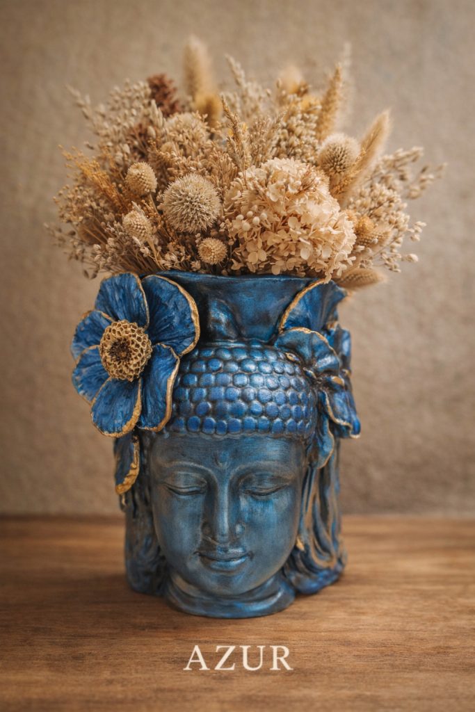 Vase décoratif artisanal visage bleu fait main