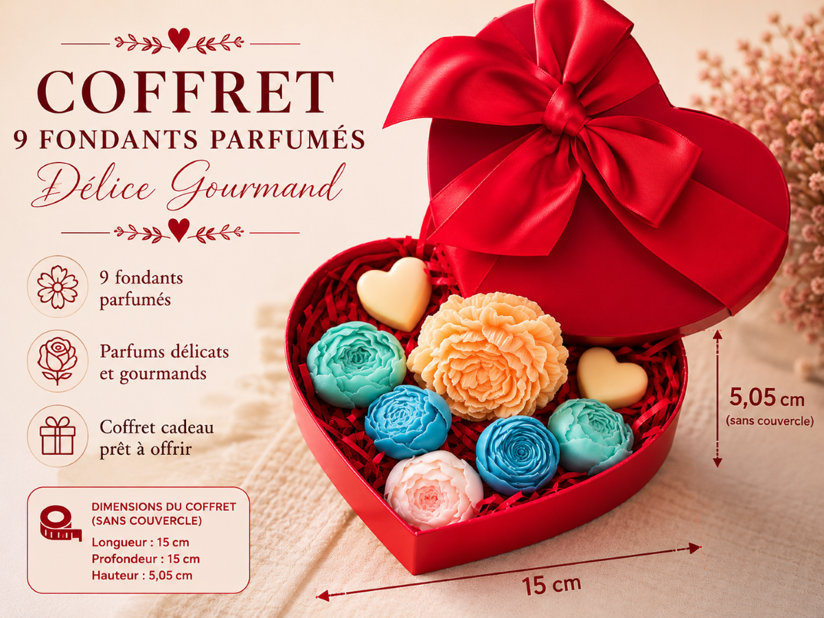 Coffret cœur contenant 9 fondants parfumés artisanaux parfum Délice Gourmand, présenté avec un ruban rouge.