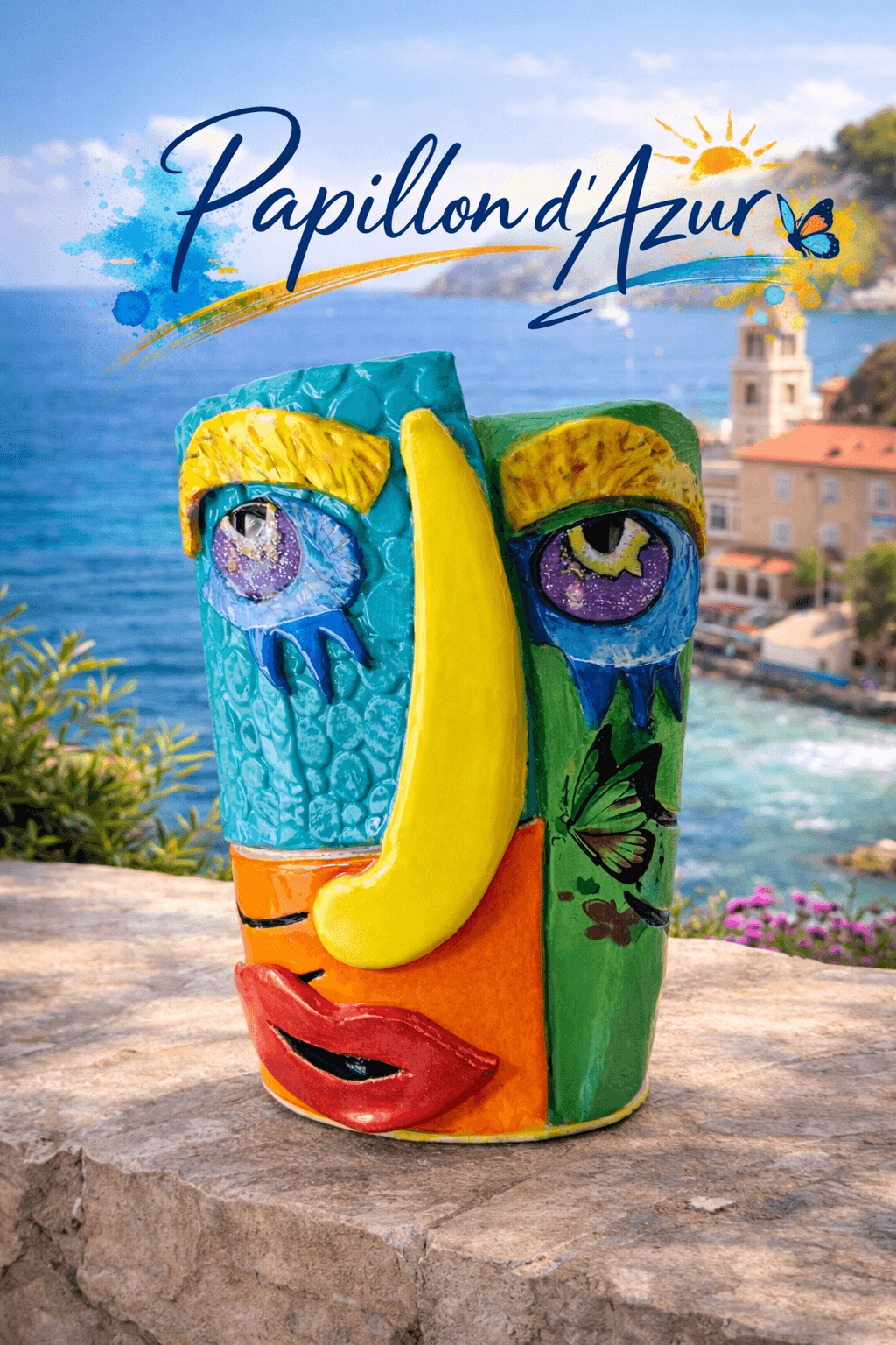 vase décoratif visage papillon d'azur fait main