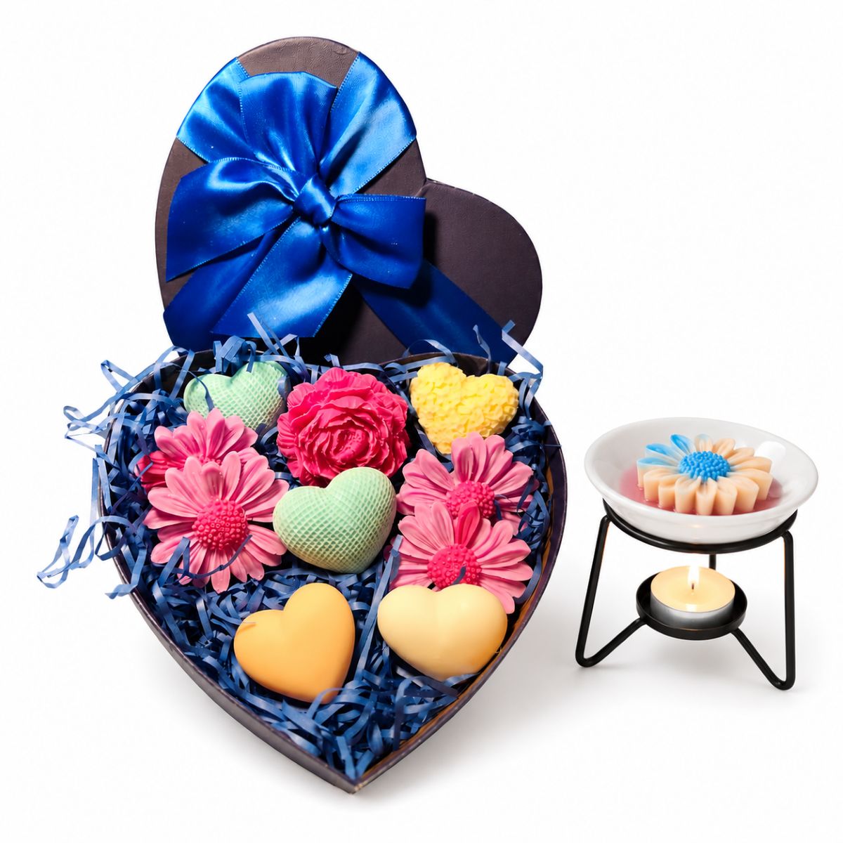 Coffret cœur bleu de 10 fondants parfumés Délice Gourmand en cire de soja pour brûle-parfum
