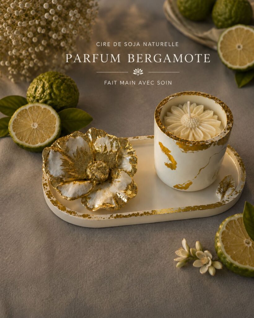 Bougie parfumée à la bergamote dans contenant et plateau en Raysin marbré faits main
