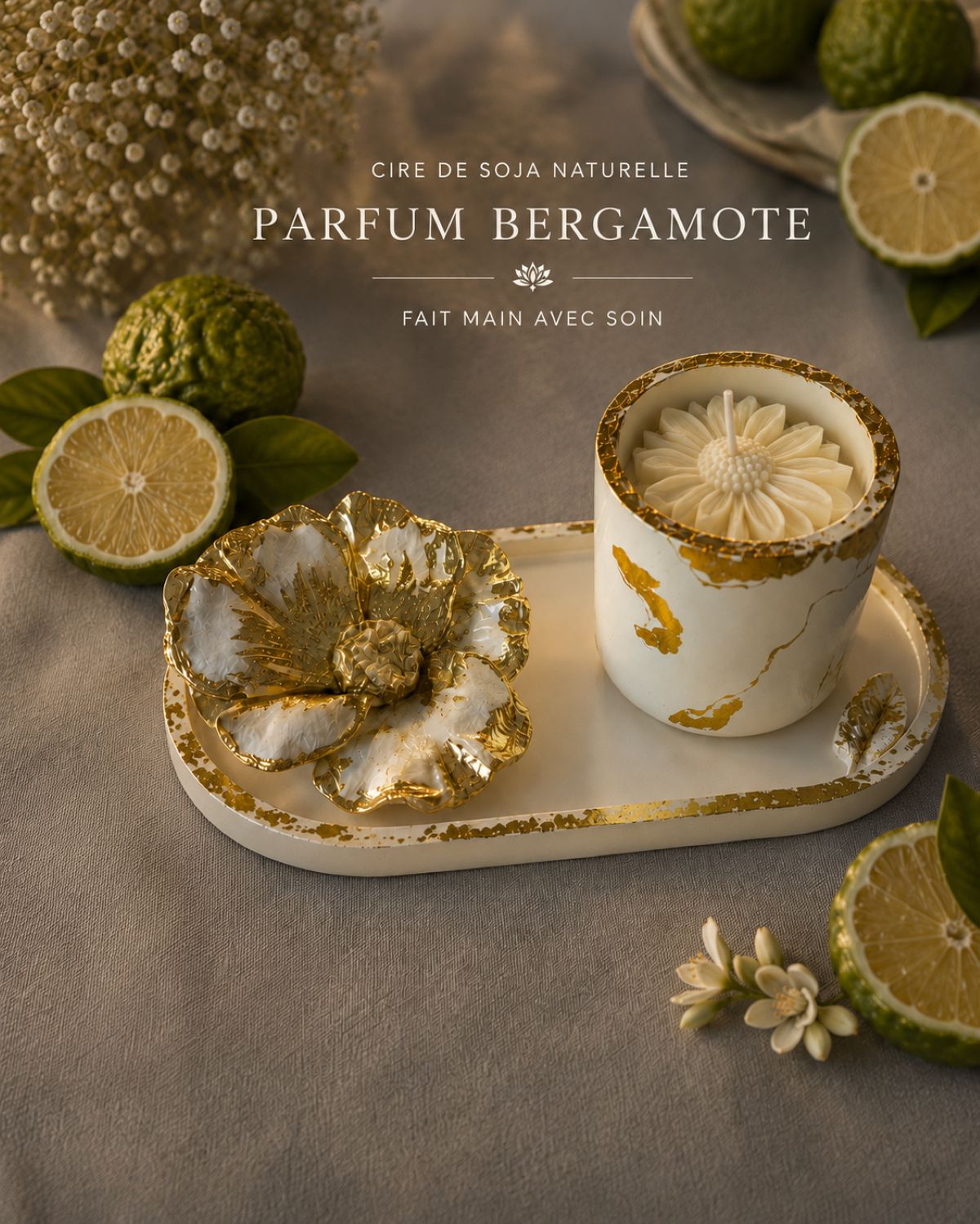 Bougie parfumée à la bergamote dans contenant et plateau en Raysin marbré faits main