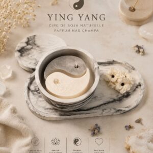 Bougie Yin Yang parfumée Nag Champa dans contenant et plateau en Raysin marbré fait main