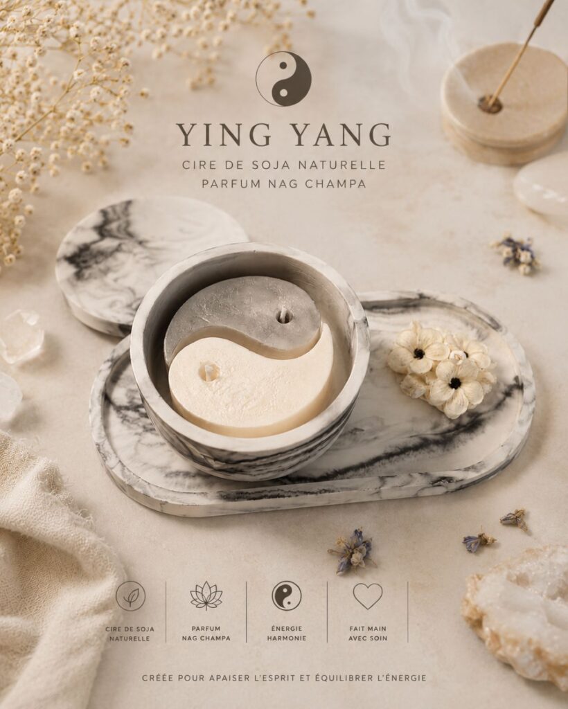 Bougie Yin Yang parfumée Nag Champa dans contenant et plateau en Raysin marbré fait main