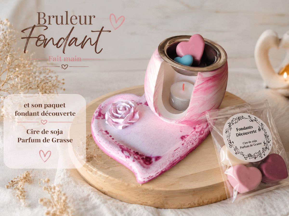 Brûleur à fondants fait main en forme de cœur avec 5 fondants parfumés découverte en cire de soja parfum de Grasse.