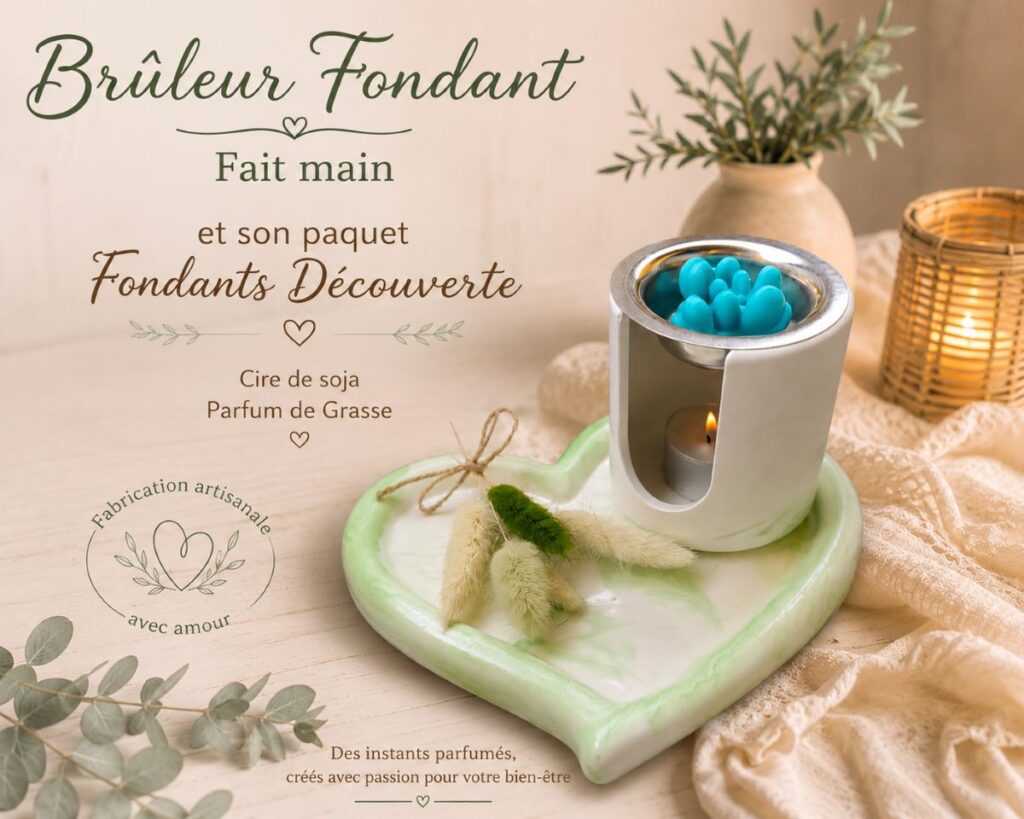 Brûleur à fondants fait main en forme de cœur avec 5 fondants parfumés découverte en cire de soja et parfums de Grasse.
