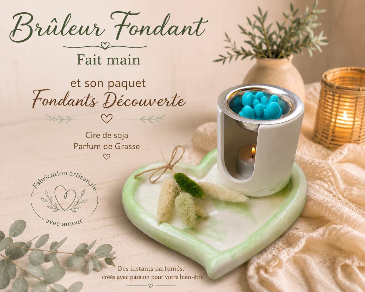 Brûleur à fondants fait main en forme de cœur avec 5 fondants parfumés découverte en cire de soja et parfums de Grasse.