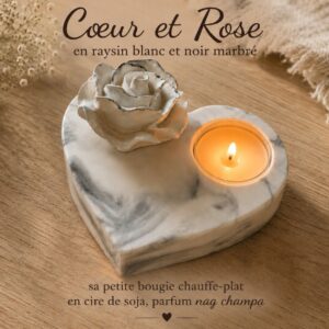 Cœur et rose en Raysin blanc et noir marbré avec bougie chauffe-plat parfumée Nag Champa