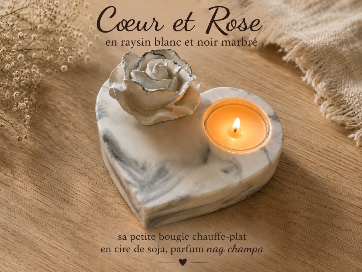 Cœur et rose en Raysin blanc et noir marbré avec bougie chauffe-plat parfumée Nag Champa