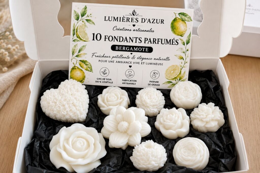 Coffret de 10 fondants parfumés Bergamote en cire de soja fabriqués à la main.
