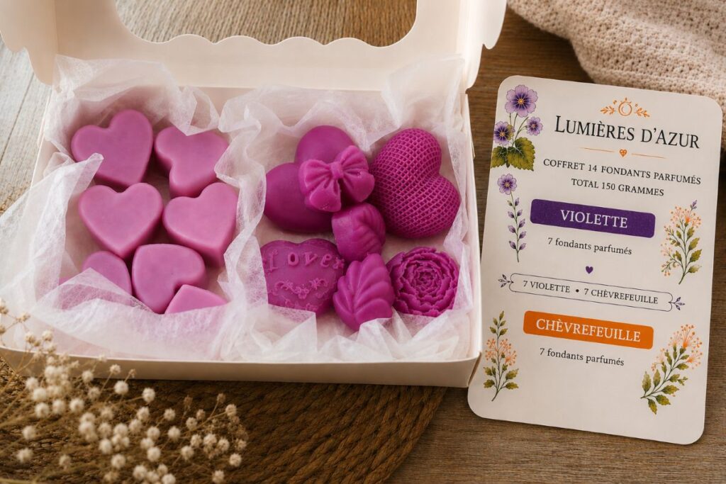 Coffret de 14 fondants parfumés en cire de soja – 7 Violette et 7 Chèvrefeuille – fabrication artisanale.