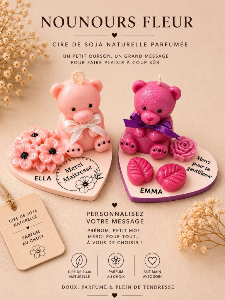 Oursons décoratifs en cire de soja parfumée avec message personnalisé, création artisanale faite main.