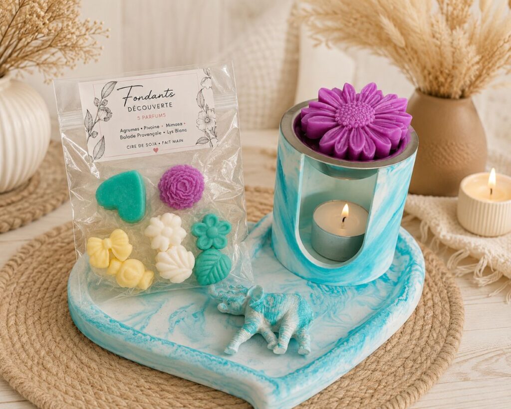 Brûleur à fondants artisanal en forme de cœur avec 5 fondants parfumés en cire de soja – Lumières d'Azur