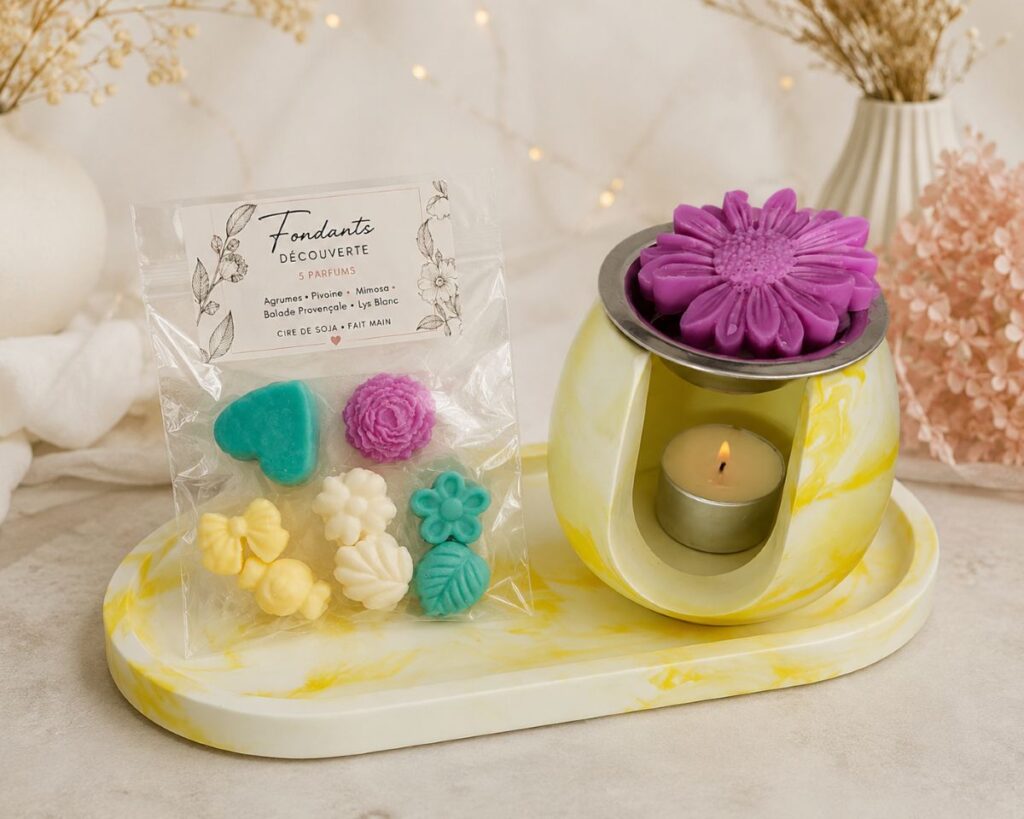 Brûleur à fondants jaune marbré fait main avec fondants parfumés en cire de soja – Lumières d'Azur