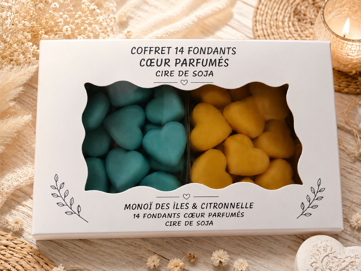 Coffret de 14 fondants cœur parfumés en cire de soja – Monoï des Îles et Citronnelle