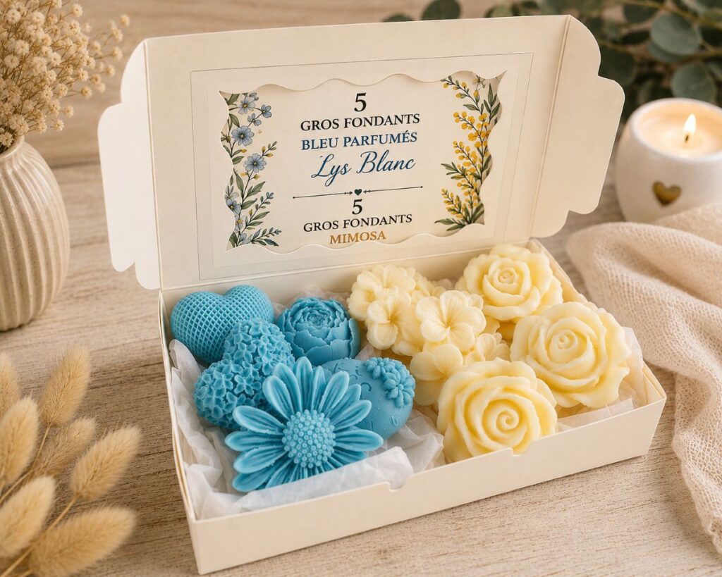 Boite de 10 gros fondants parfumés lys blanc et mimosa - fabrication artisanale